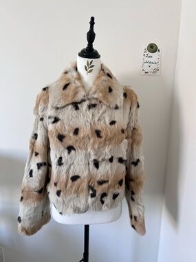 Leopard Print Real Rabbit Fur Teddy Bomber Jacket Size L Y2K